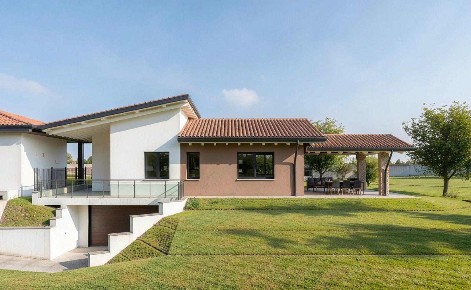 Render di un'abitazione su un piano con portico in pietra e autorimessa interrata